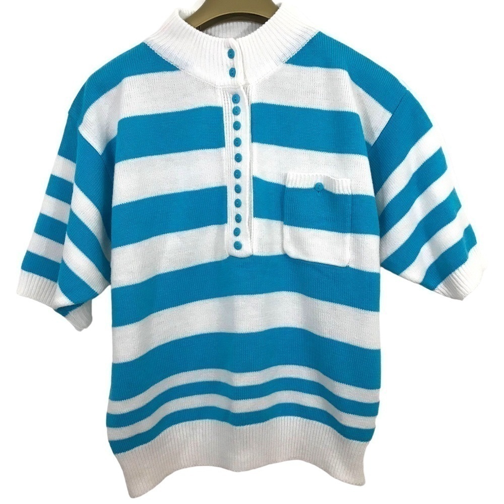 H.E.R Vintage Mock Neck Striped Short Sleeve Ribbed Hem Sweater